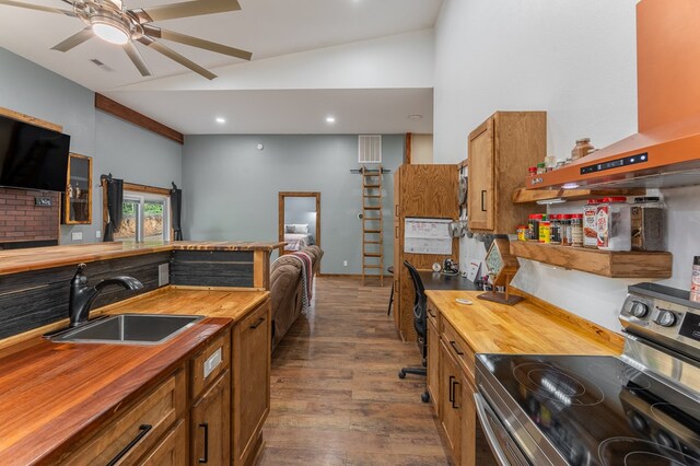 294 Big Piney Loop, Wilder, TN 38589 - kitchen featuring butcher block counters, electric stove, a sink, dark wood-style flooring, and brown cabinetry