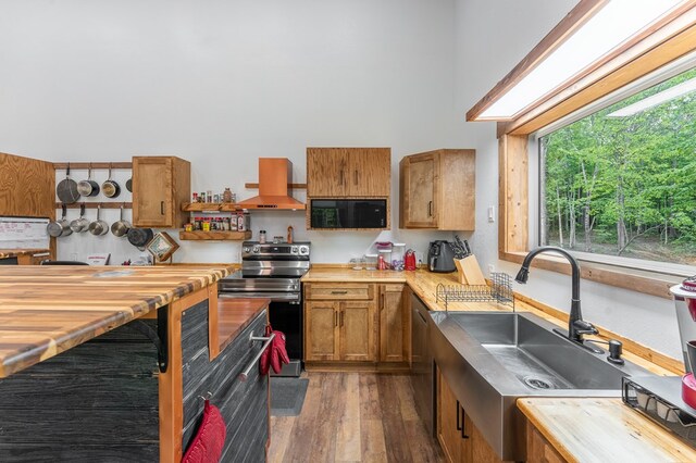 294 Big Piney Loop, Wilder, TN 38589 - kitchen with stainless steel appliances, island range hood, a sink, dark wood-style flooring, and wooden counters