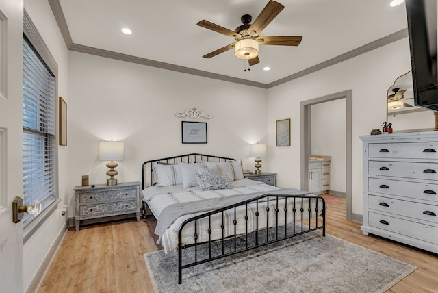 bedroom featuring light wood-style floors, baseboards, crown molding, and recessed lighting