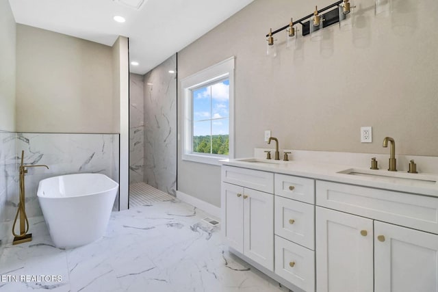 320 Ridge Ln, Monterey, TN 38574 - bathroom featuring a marble finish shower, a freestanding tub, marble finish flooring, recessed lighting, and double vanity