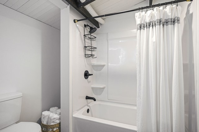 122 Abby Ln, Byrdstown, TN 38549 - bathroom with shower / bathtub combination with curtain and toilet
