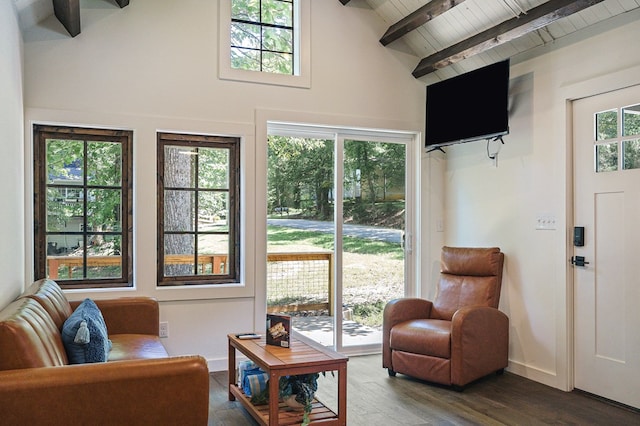 122 Abby Ln, Byrdstown, TN 38549 - living area featuring a wooden ceiling with exposed beams, wood finished floors, and high vaulted ceiling