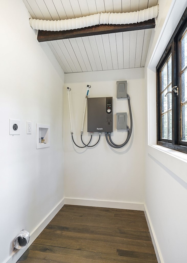 122 Abby Ln, Byrdstown, TN 38549 - washroom with electric dryer hookup, dark wood-type flooring, wooden ceiling, and hookup for a washing machine