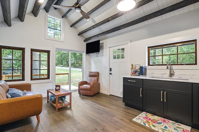 122 Abby Ln, Byrdstown, TN 38549 - living room with ceiling fan, dark wood-style floors, high vaulted ceiling, and a wood ceiling with exposed beams