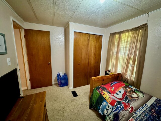 151 Dykes Ln, Crossville, TN 38571 - bedroom with a closet, carpet, a textured wall, and ornamental molding