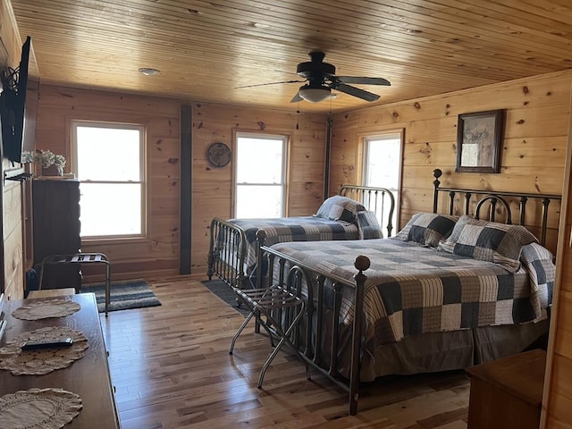 bedroom with wood ceiling, wooden walls, and wood finished floors