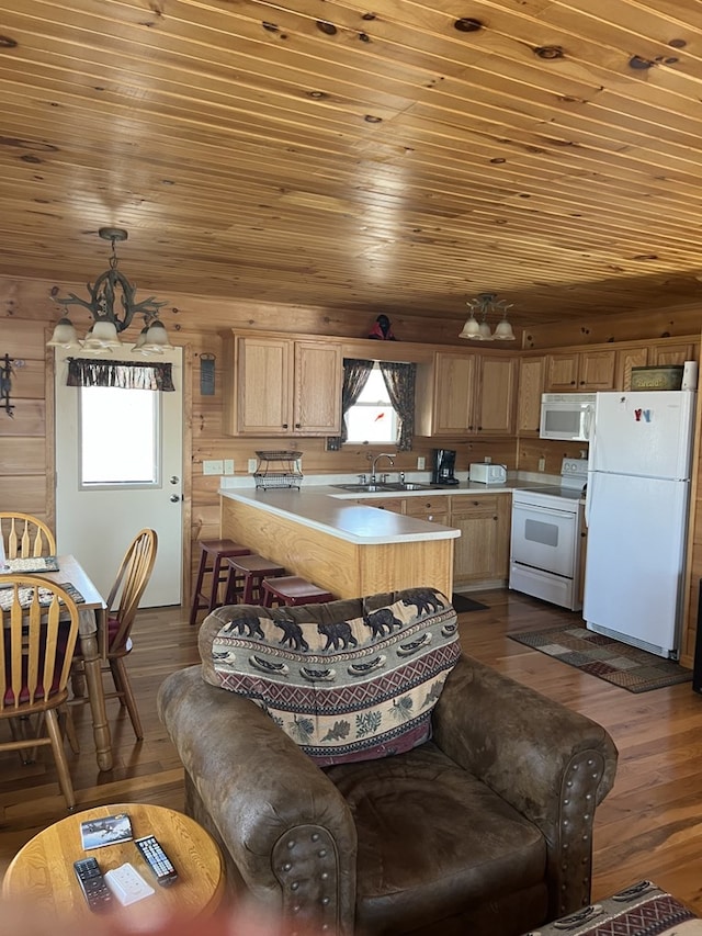 kitchen with white appliances, dark wood-style flooring, and light countertops