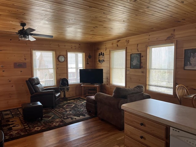 living area with wood ceiling, light wood-style flooring, and wood walls