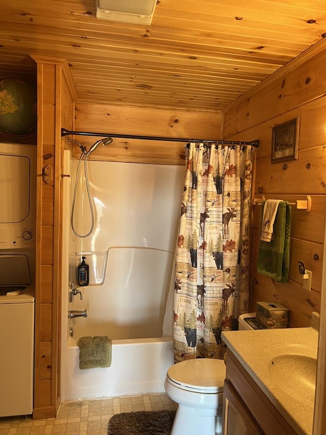 bathroom with toilet, stacked washer and dryer, shower / bath combination with curtain, wood ceiling, and vanity