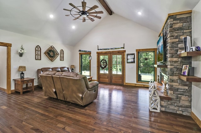 2810 Stockton Rd, Jamestown, TN 38556 - living area featuring a ceiling fan, hardwood / wood-style flooring, beamed ceiling, high vaulted ceiling, and recessed lighting