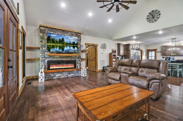 2810 Stockton Rd, Jamestown, TN 38556 - living area featuring ceiling fan, a fireplace, wood-type flooring, high vaulted ceiling, and recessed lighting