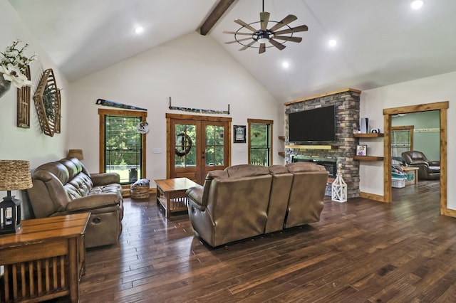 2810 Stockton Rd, Jamestown, TN 38556 - living area with french doors, ceiling fan, high vaulted ceiling, hardwood / wood-style flooring, and beam ceiling