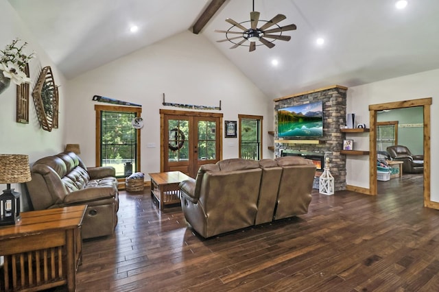 2810 Stockton Rd, Jamestown, TN 38556 - living room featuring french doors, a ceiling fan, high vaulted ceiling, wood-type flooring, and beam ceiling