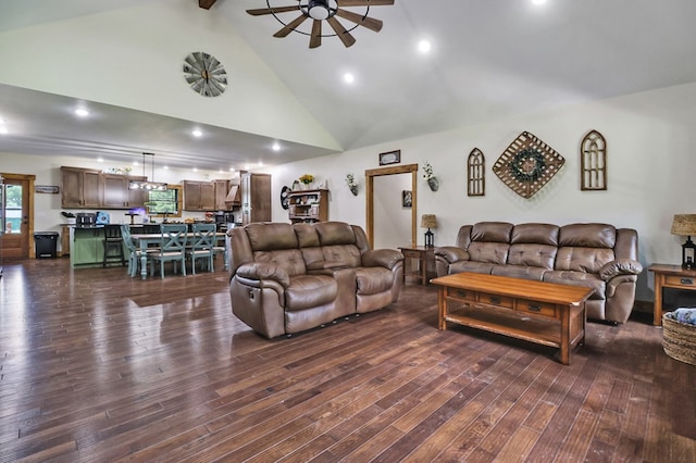 2810 Stockton Rd, Jamestown, TN 38556 - living area with ceiling fan, dark wood-type flooring, high vaulted ceiling, beamed ceiling, and recessed lighting