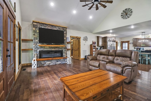 2810 Stockton Rd, Jamestown, TN 38556 - living room featuring a ceiling fan, a fireplace, hardwood / wood-style floors, high vaulted ceiling, and recessed lighting
