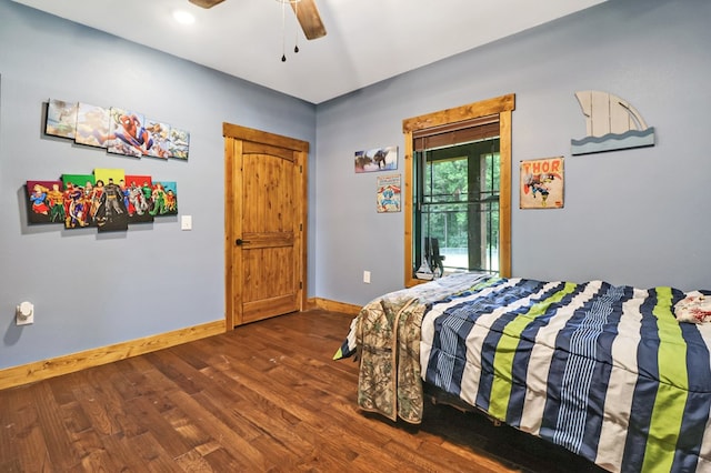 2810 Stockton Rd, Jamestown, TN 38556 - bedroom featuring dark wood-style flooring, a ceiling fan, and access to exterior