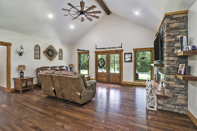2810 Stockton Rd, Jamestown, TN 38556 - living room with a ceiling fan, wood-type flooring, beam ceiling, high vaulted ceiling, and recessed lighting