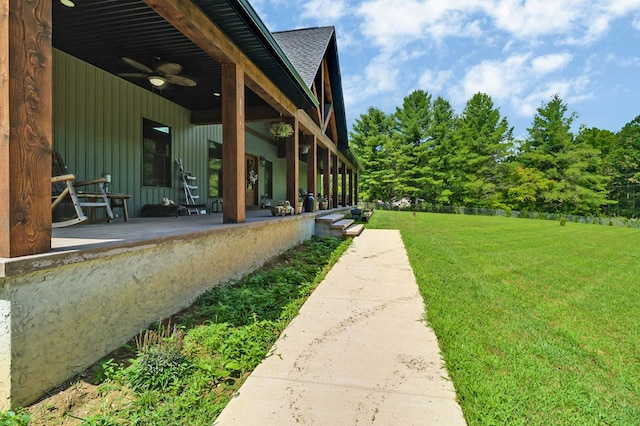 2810 Stockton Rd, Jamestown, TN 38556 - view of grassy yard featuring a ceiling fan and a patio area