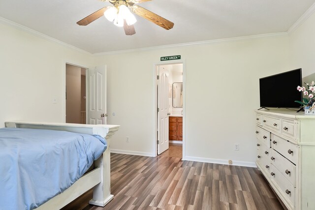 2876 Hilham Hwy, Hilham, TN 38568 - bedroom featuring ornamental molding, dark wood finished floors, ceiling fan, and connected bathroom