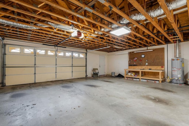 garage with water heater and a garage door opener