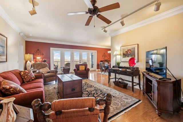 7100 Dale Ridge Rd, Lancaster, TN 38569 - living area with track lighting, a ceiling fan, crown molding, and wood finished floors