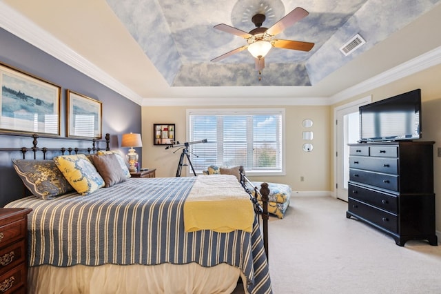7100 Dale Ridge Rd, Lancaster, TN 38569 - bedroom with a tray ceiling, carpet floors, ceiling fan, baseboards, and ornamental molding