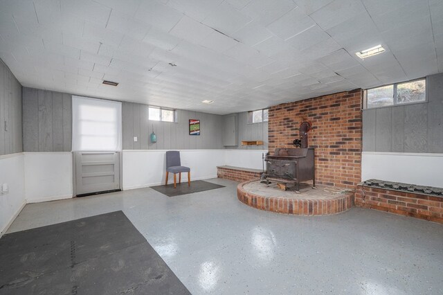 basement with a wood stove