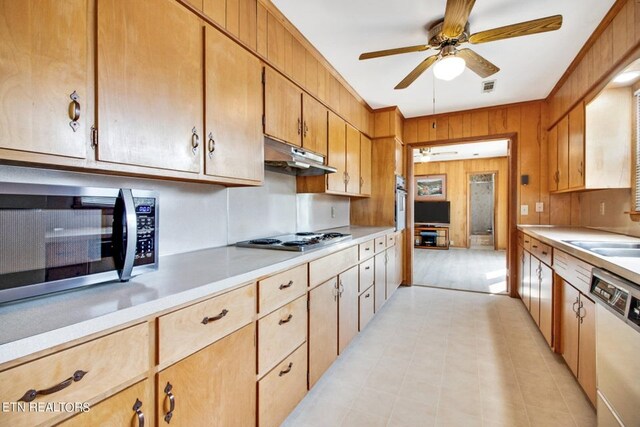 kitchen featuring light countertops, under cabinet range hood, a ceiling fan, and stainless steel appliances