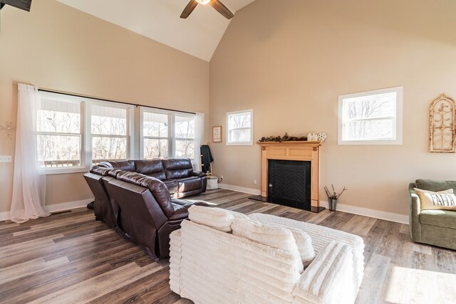 living room featuring a fireplace, high vaulted ceiling, baseboards, and wood finished floors