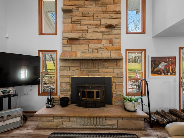 room details with wood finished floors and a wood stove