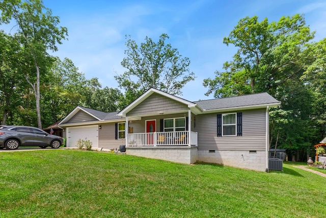 single story home featuring a porch, an attached garage, crawl space, central AC, and a front lawn