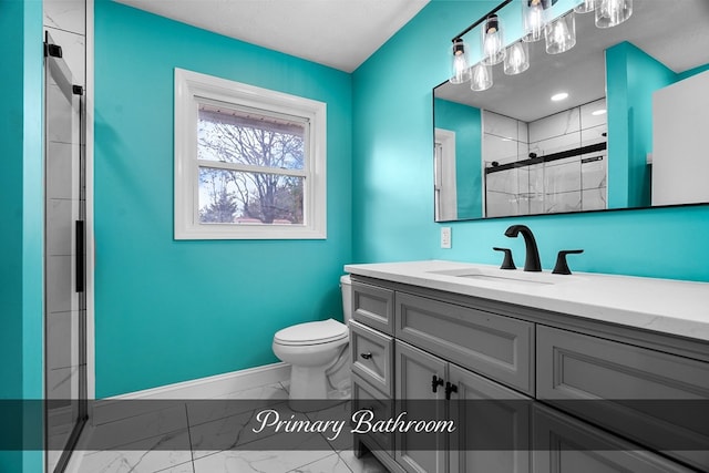 bathroom featuring baseboards, toilet, marble finish floor, vanity, and a shower stall