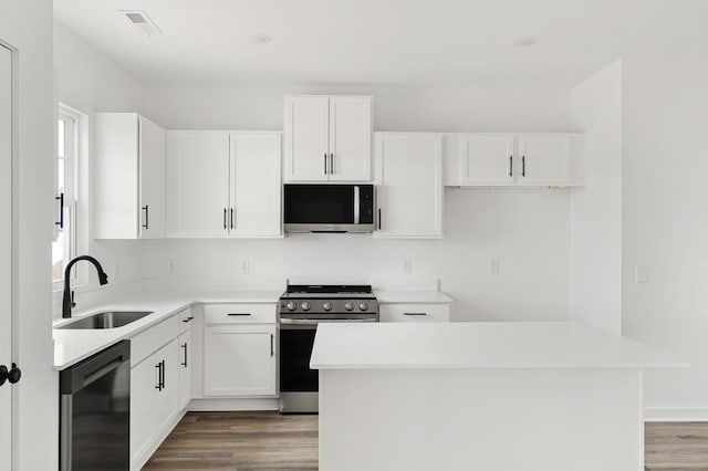 kitchen featuring white cabinetry, stainless steel appliances, a sink, and wood finished floors