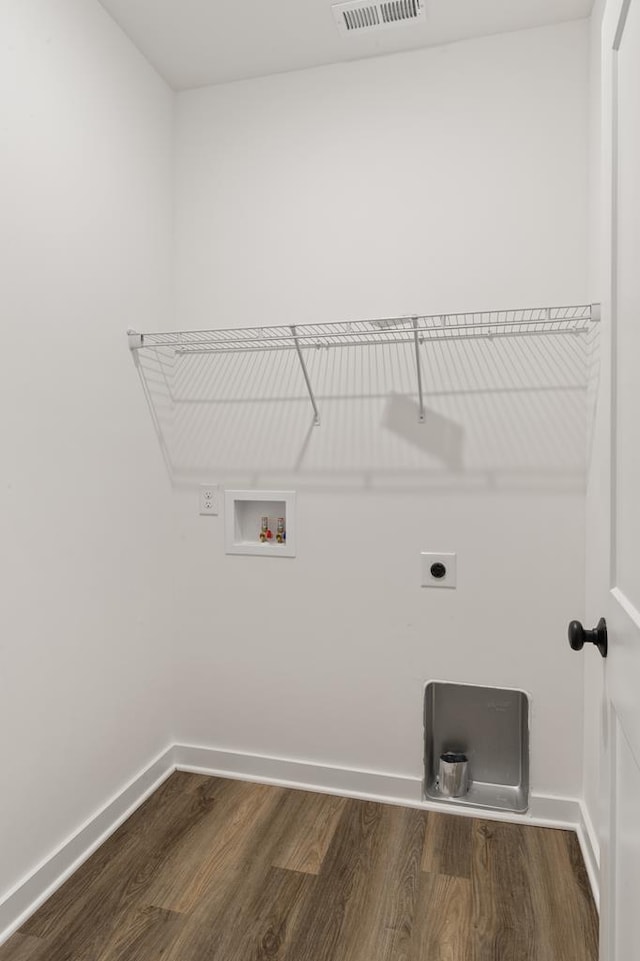 washroom featuring washer hookup, laundry area, electric dryer hookup, and dark wood-style flooring