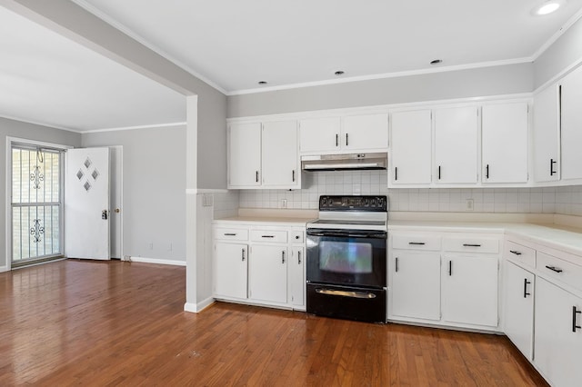 kitchen featuring black electric range, backsplash, under cabinet range hood, and dark wood-style flooring