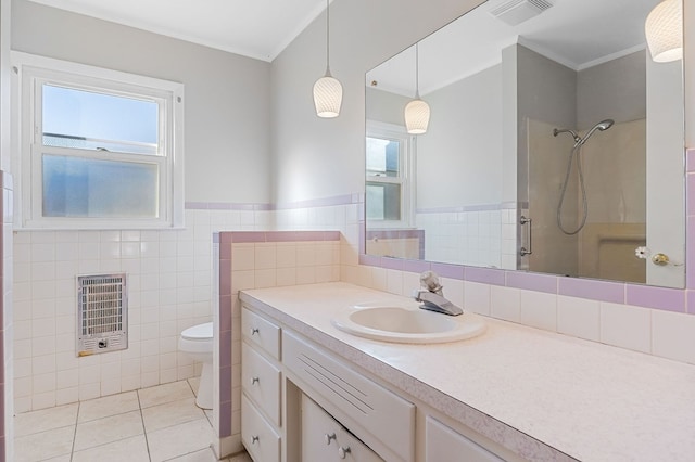 full bathroom featuring walk in shower, heating unit, visible vents, and plenty of natural light