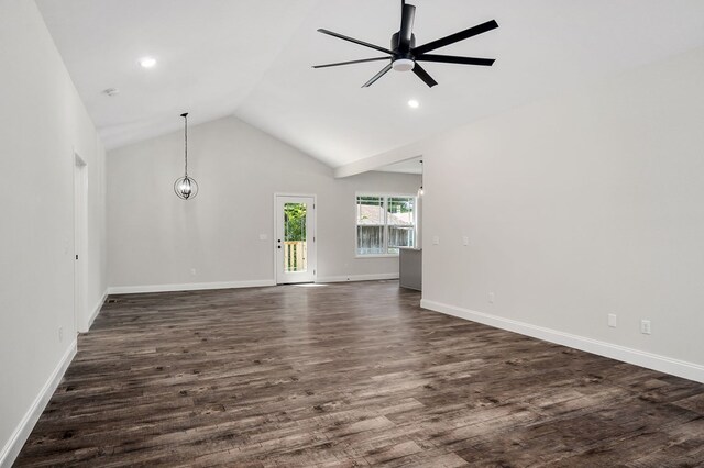 unfurnished living room featuring recessed lighting, ceiling fan with notable chandelier, dark wood-style flooring, baseboards, and vaulted ceiling