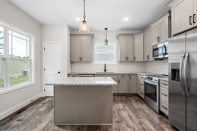 kitchen with stainless steel appliances, a sink, and gray cabinetry