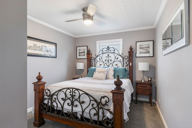 carpeted bedroom featuring crown molding, baseboards, and ceiling fan