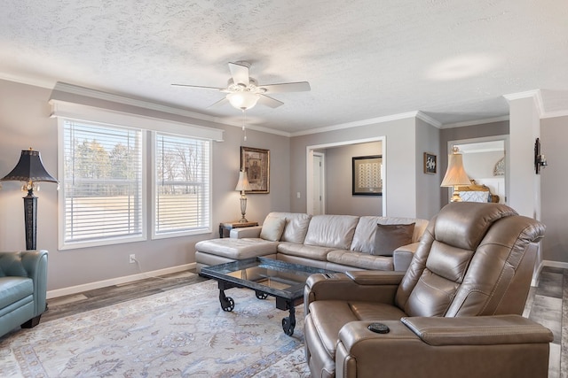 living area featuring ornamental molding, a textured ceiling, a ceiling fan, and wood finished floors