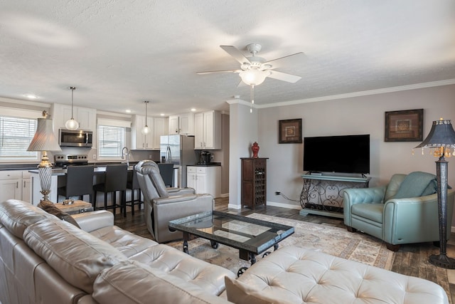 living area with crown molding, a textured ceiling, dark wood-type flooring, and a ceiling fan