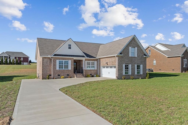 view of front facade with concrete driveway, brick siding, crawl space, and a front lawn