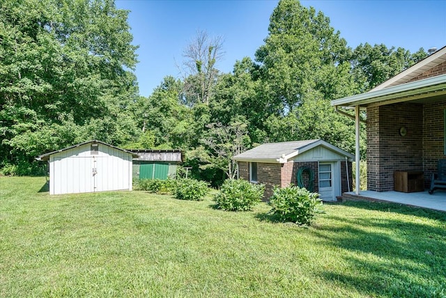 view of yard featuring a storage unit and an outbuilding