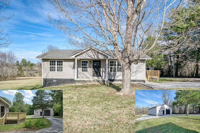 ranch-style house with an outbuilding, roof with shingles, a front lawn, and crawl space