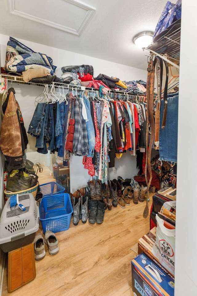 spacious closet featuring attic access and wood finished floors