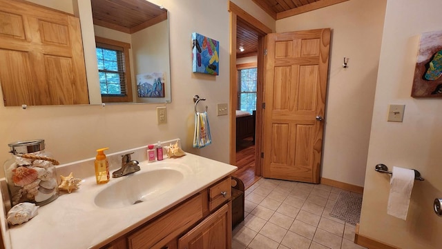 bathroom with a wealth of natural light, vanity, wood ceiling, and tile patterned floors