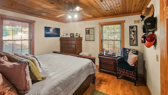 bedroom with wooden ceiling, a ceiling fan, and light wood finished floors