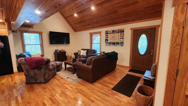 living room with wood ceiling, light wood finished floors, and high vaulted ceiling