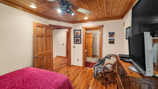 bedroom featuring light wood finished floors, visible vents, ceiling fan, baseboards, and wooden ceiling