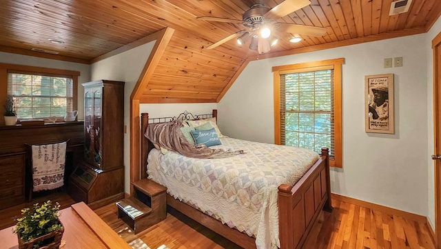 bedroom with visible vents, lofted ceiling, light wood finished floors, baseboards, and wood ceiling